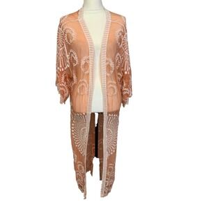 American Flirt Sz Small Peach Sheer Mesh Embroidered Open Kimono Longline Duster